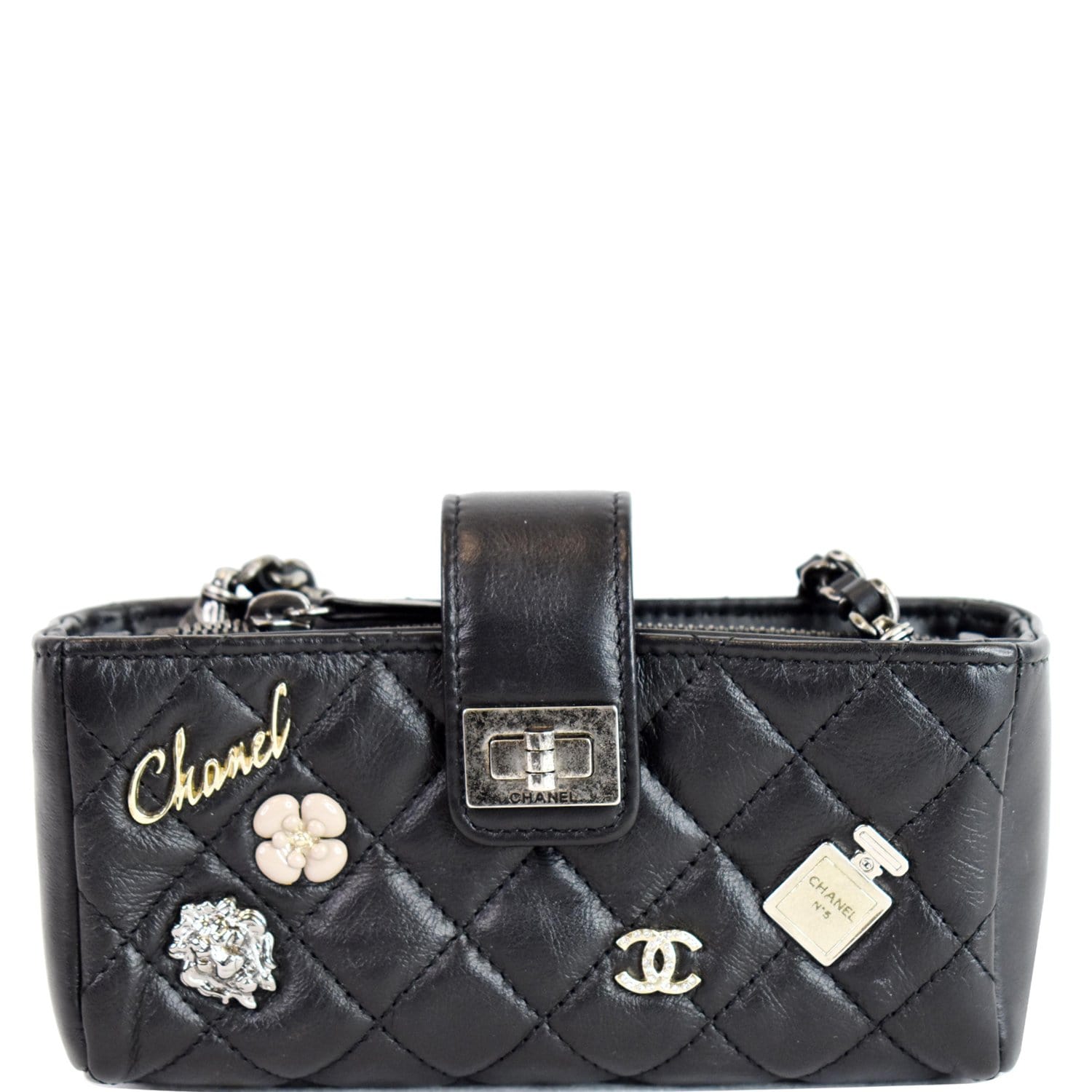 CHANEL Lambskin Quilted Lucky Charms CC Drawstring Bag Black