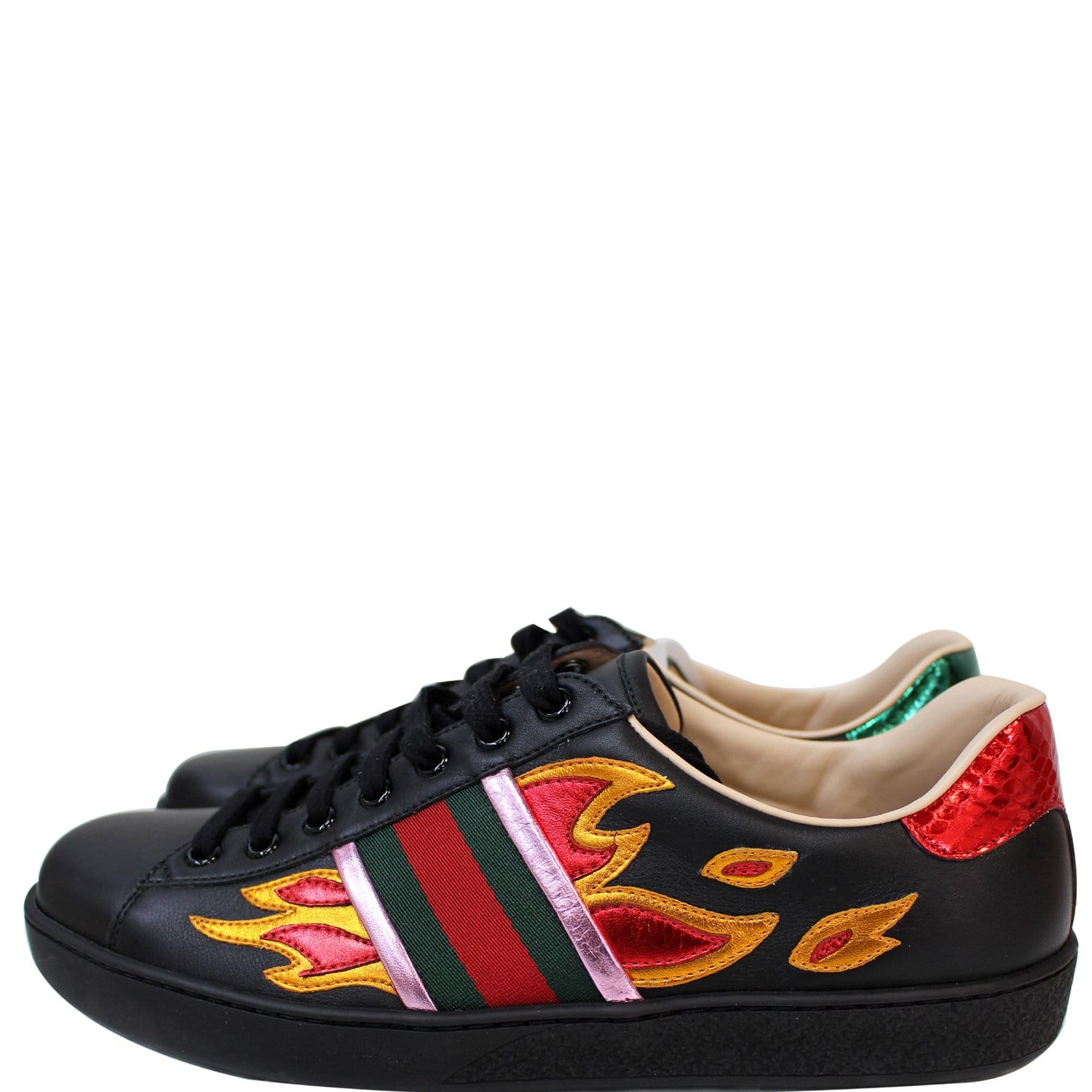 Gucci Ace Flame Black Leather Sneakers Men's 8.5 