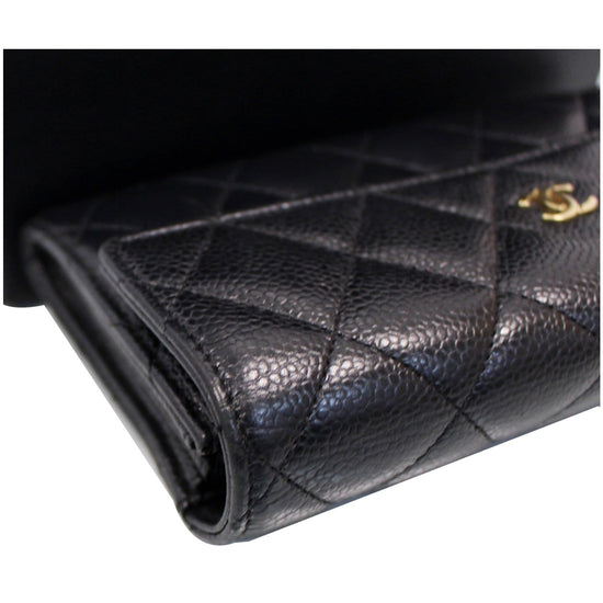 CHANEL Gusset Flap Caviar Leather Wallet Black