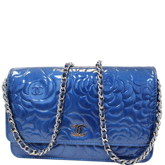 CHANEL Camellia Patent Leather Wallet on Chain WOC Royal Blue