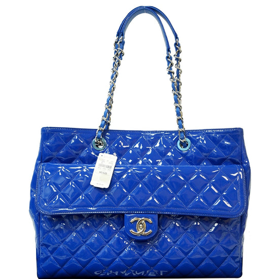 CHANEL Large Coco Shine Patent Quilted Leather Shopping Tote Blue