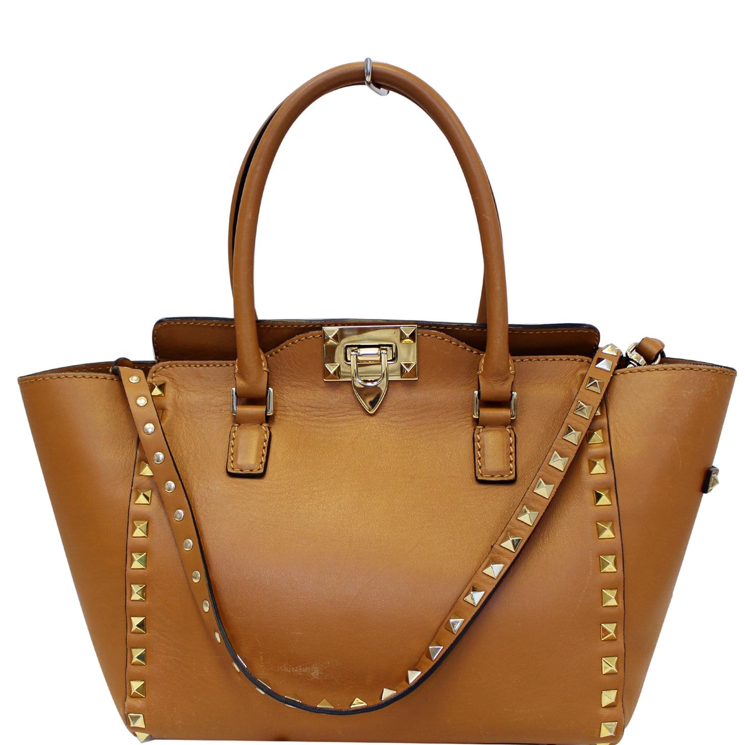 VALENTINO Rockstud Small Double Handle Leather Tote Brown-US
