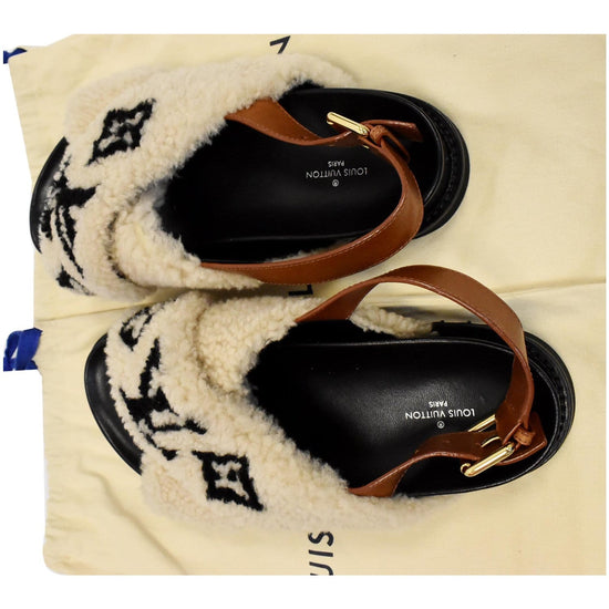 Beige LV Louis Vuitton Paseo Flat Comfort Shearling Fur Mules Slippers Size  40