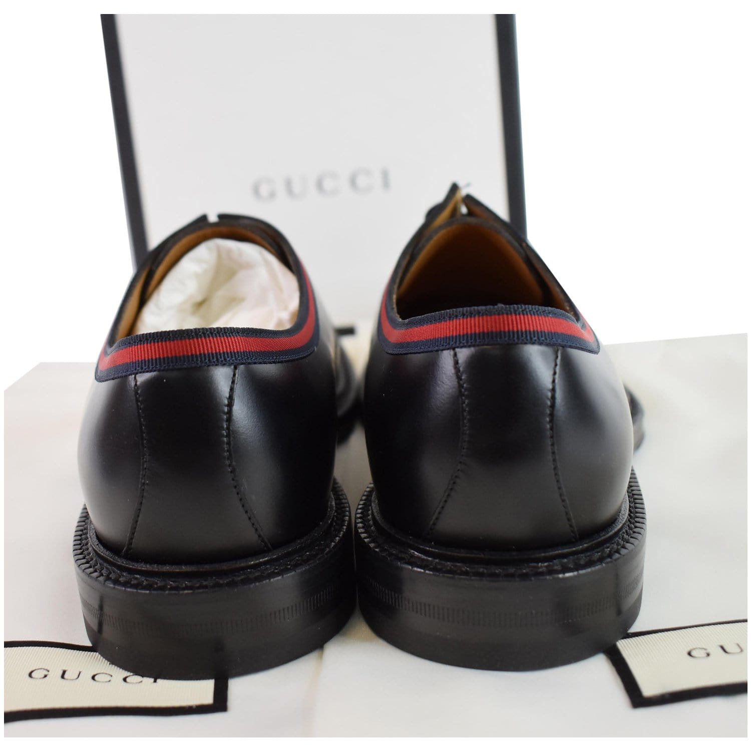 Gucci Classic Web Lace Up Shiny Leather Shoes Black US7