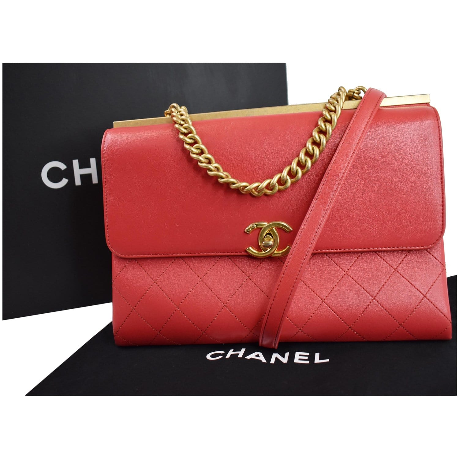 Chanel Coco Luxe Medium Flap Lambskin Shoulder Bag Red