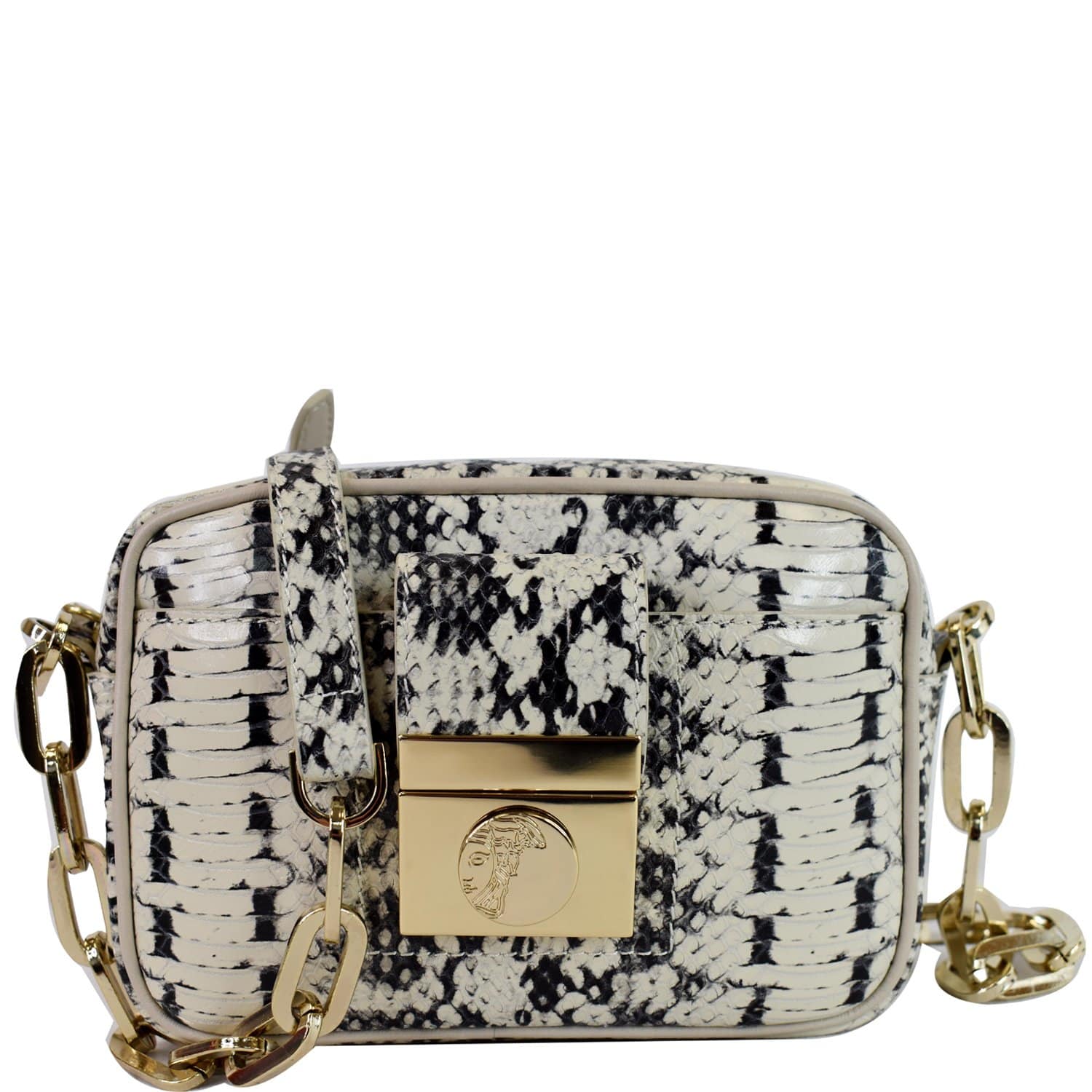 VERSACE Unica Python Embossed Leather Crossbody Bag White