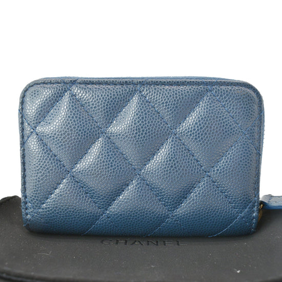 Chanel Blue Bicolor Quilted Maroon Trim Compact Zip Around Wallet 