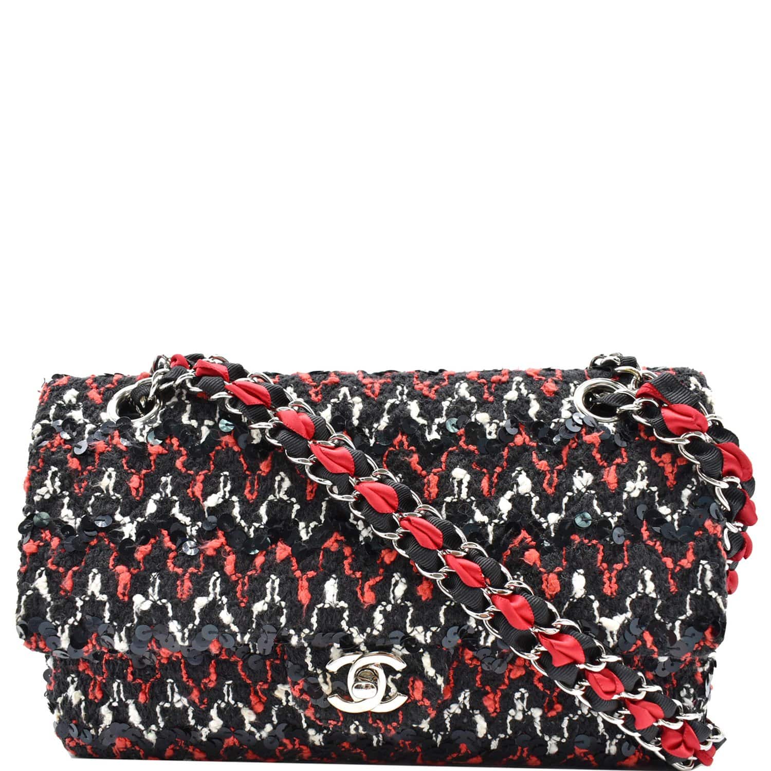 Chanel Classic Single Flap Bag Quilted Houndstooth Tweed and Ribbon Mini