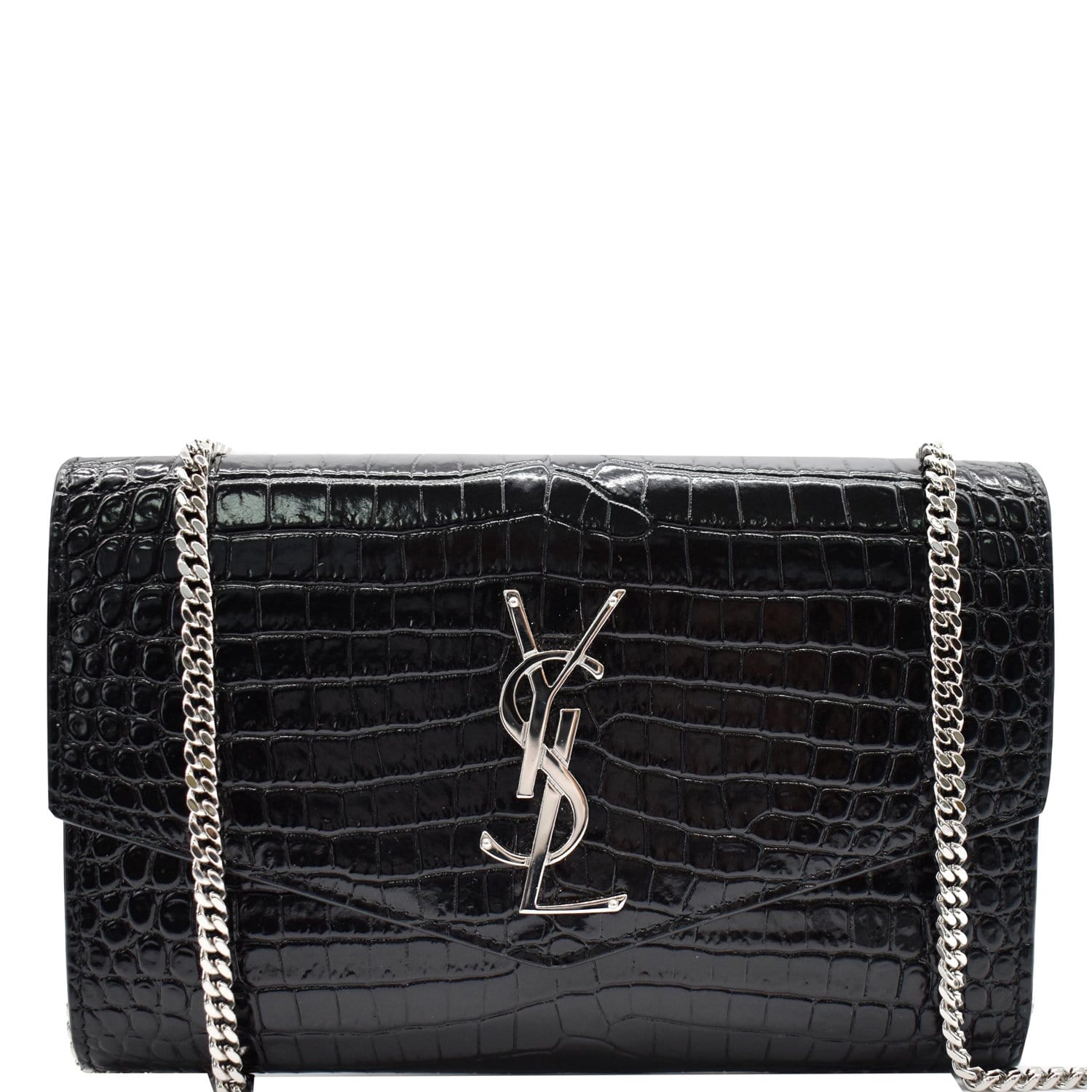 Saint Laurent Ysl Croc-Embossed Leather Wallet on Chain