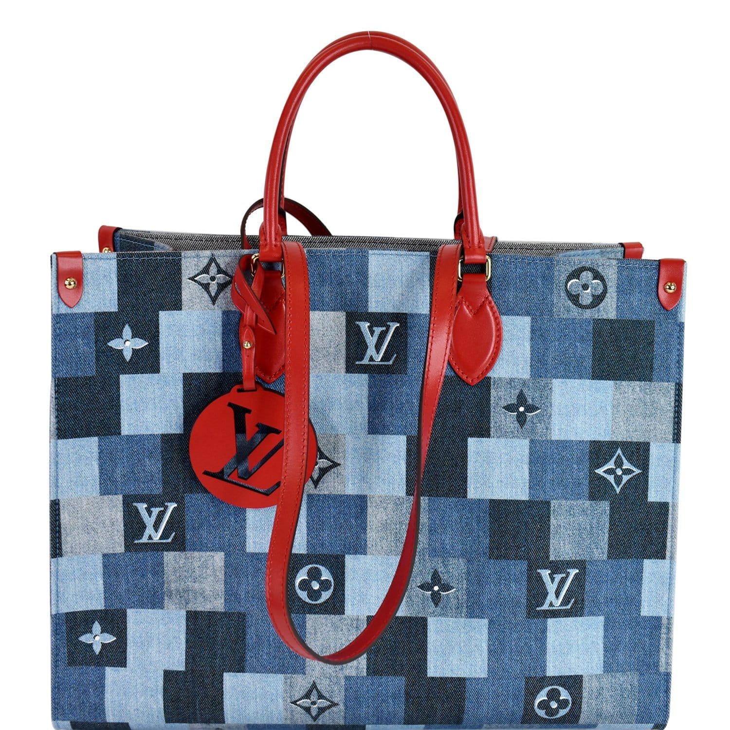 Louis Vuitton Onthego GM Denim Monogram Check Blue/Red in Denim