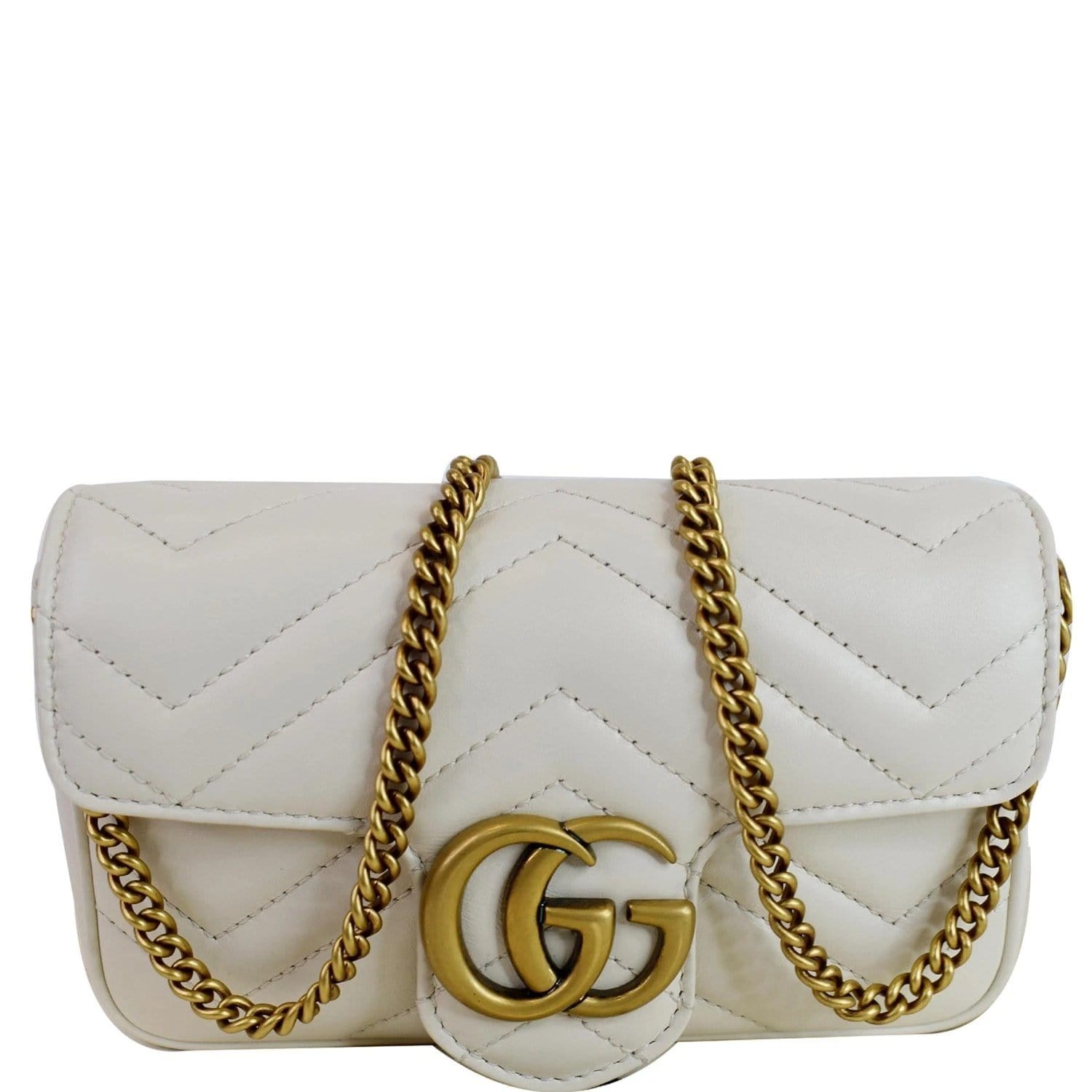 GG Marmont matelassé leather super mini bag in white chevron leather