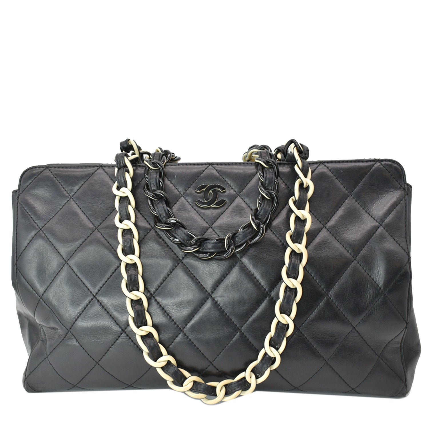 CHANEL Vintage Bekko Lambskin Leather Chain Tote Bag Black