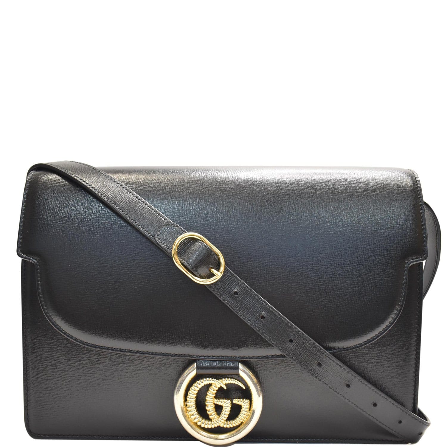 GUCCI Logo Plaque Leather Shoulder Bag Black 589471 - Final Sale