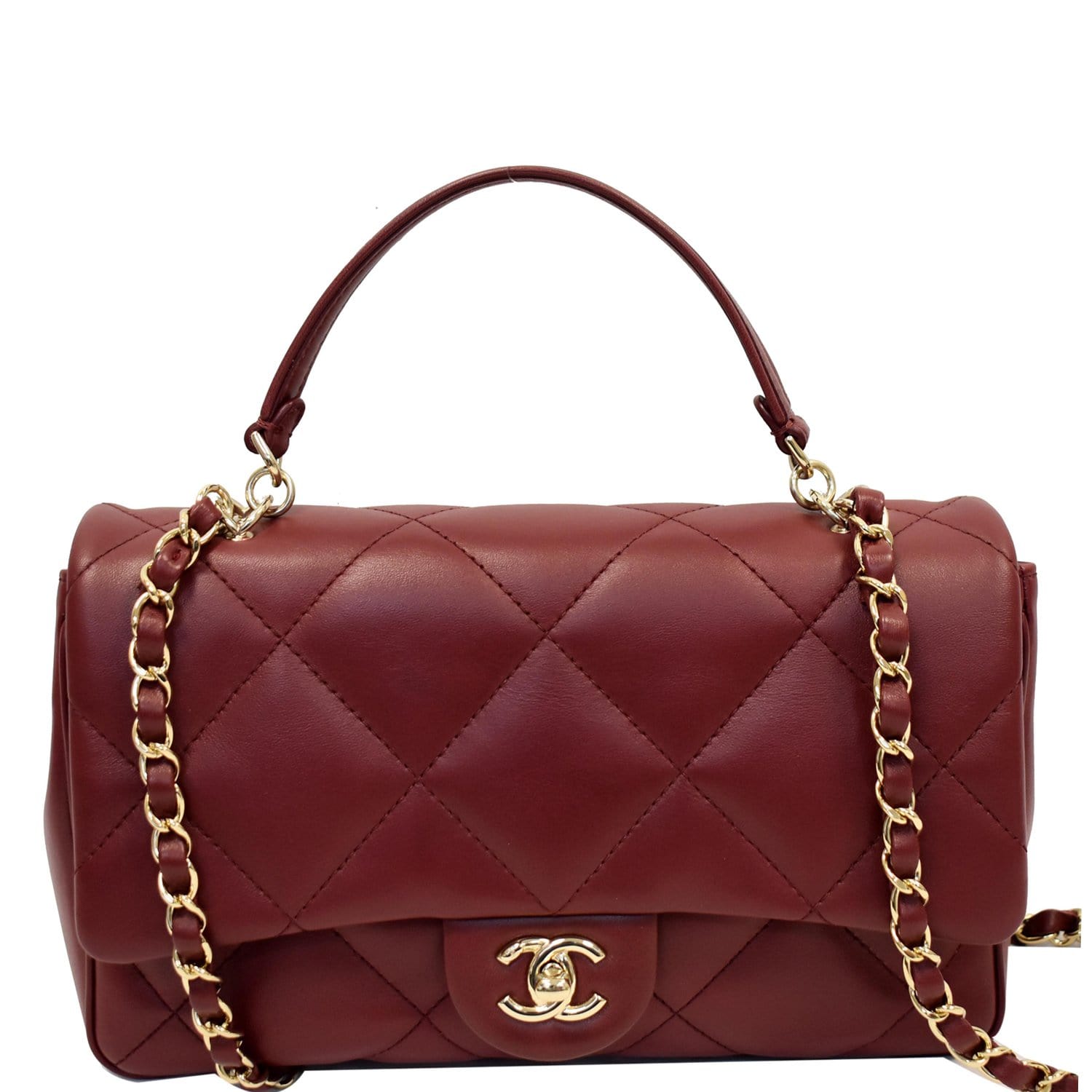 Chanel Burgundy Quilted Lambskin Top Handle Mini Clutch On Chain