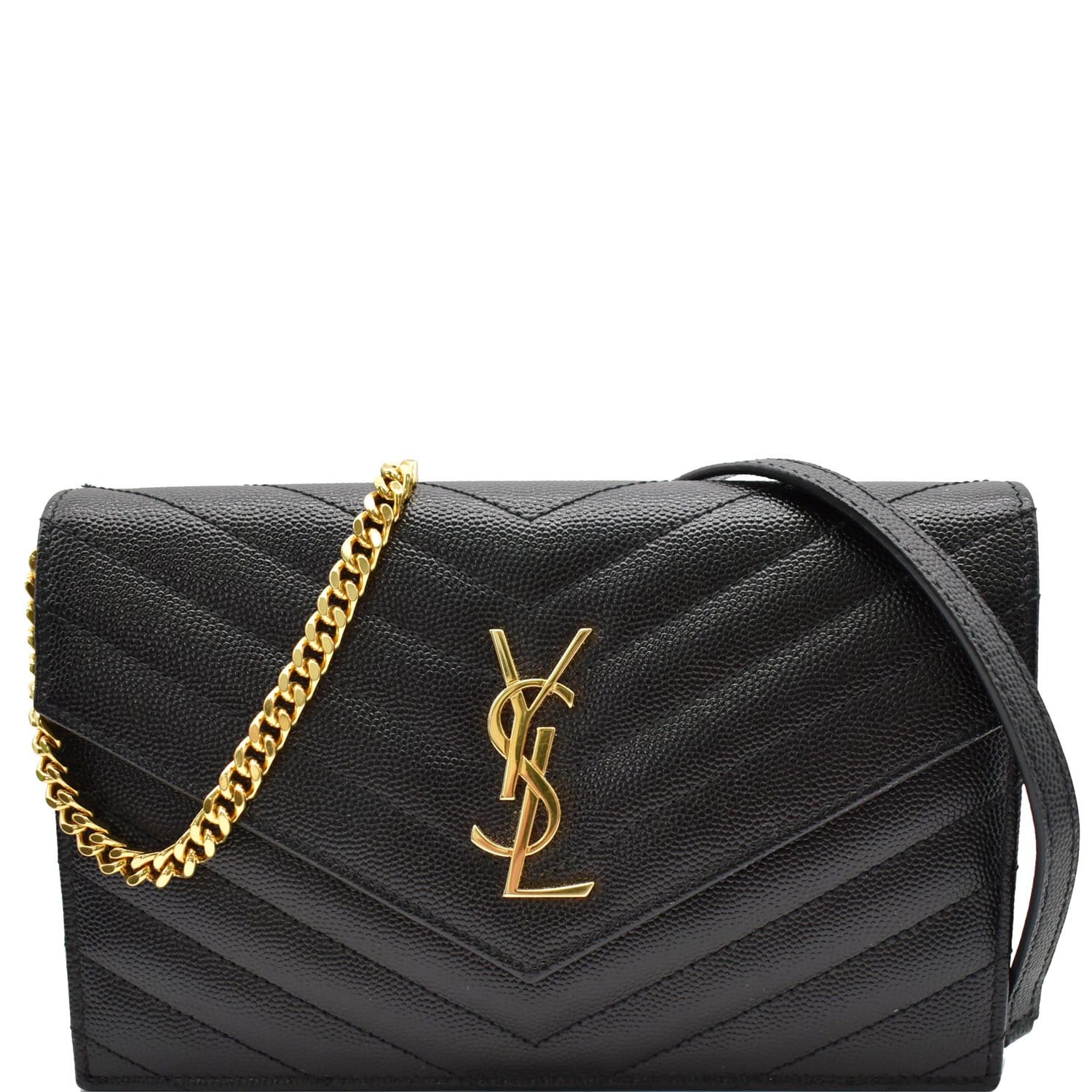 Saint Laurent YSL Grain de Poudre Envelope Wallet on a Chain Black &  Gold WOC