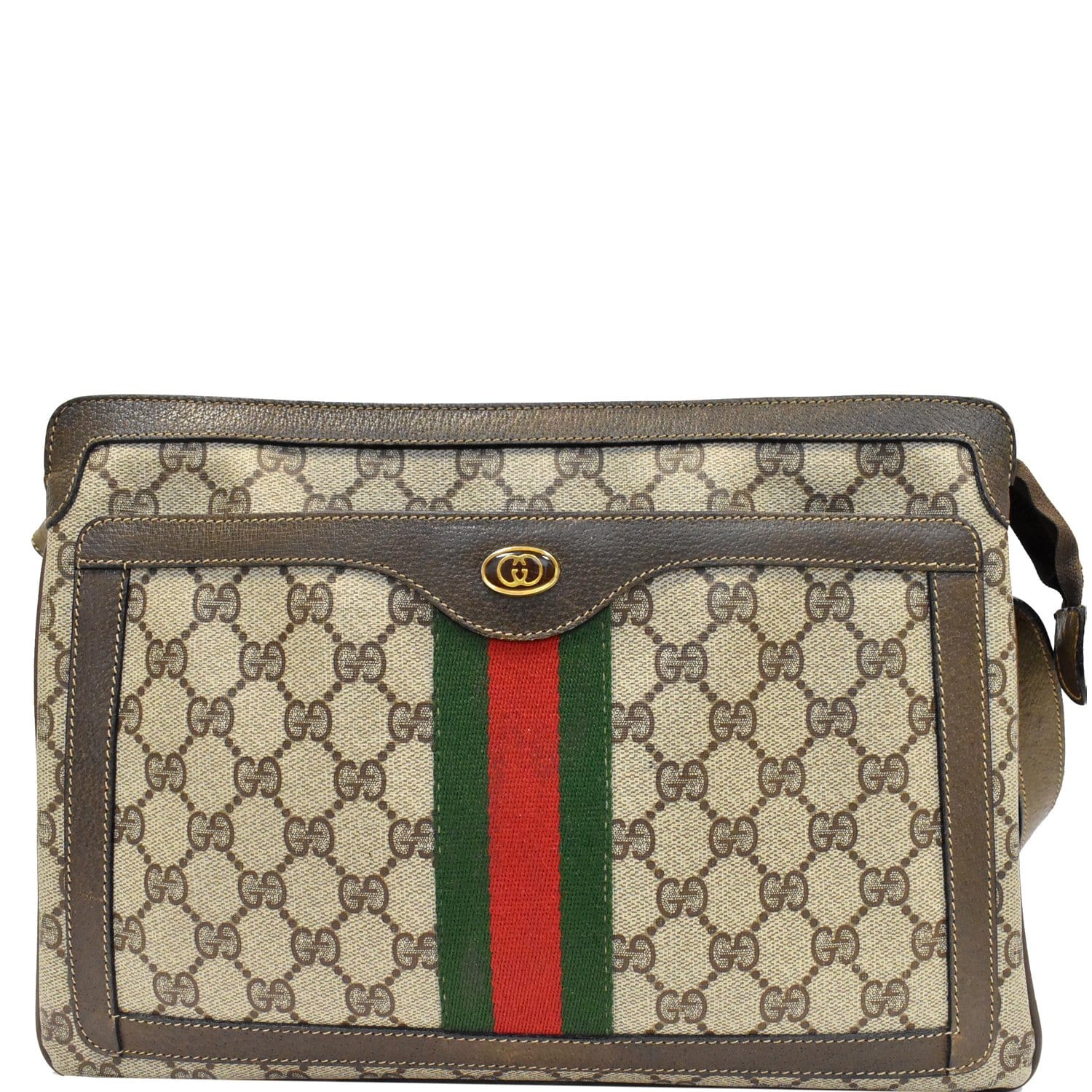 GUCCI VINTAGE GG LOGO COATED CANVAS & BROWN LEATHER CROSSBODY BAG