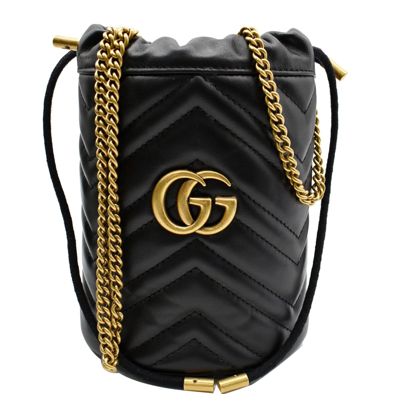 GUCCI GG Marmont Matelasse Chevron Leather Bucket Crossbody Bag Black