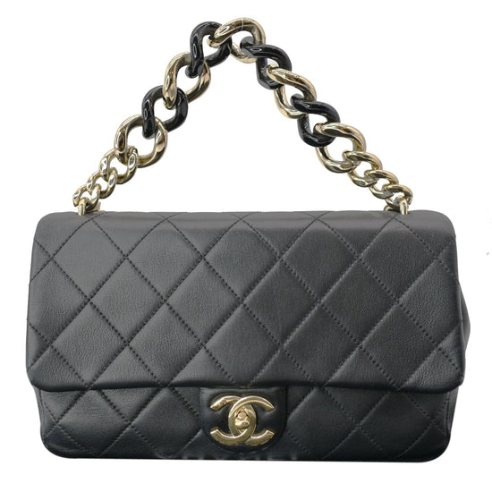 CHANEL Elegant Resin Double Chain Flap Lambskin Shoulder Bag Black