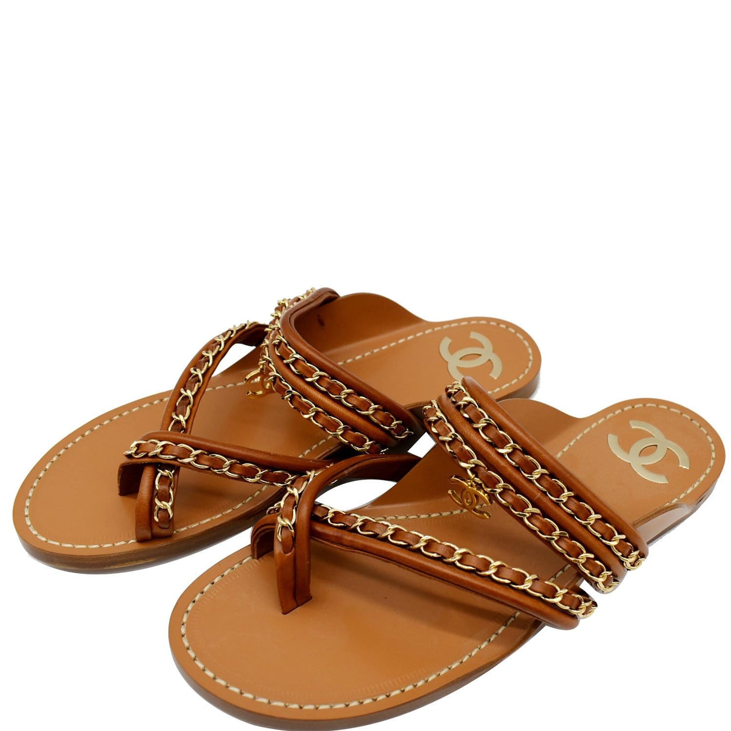 Louis Vuitton Brown Leather Logo Detail Back Strap Flat Sandals