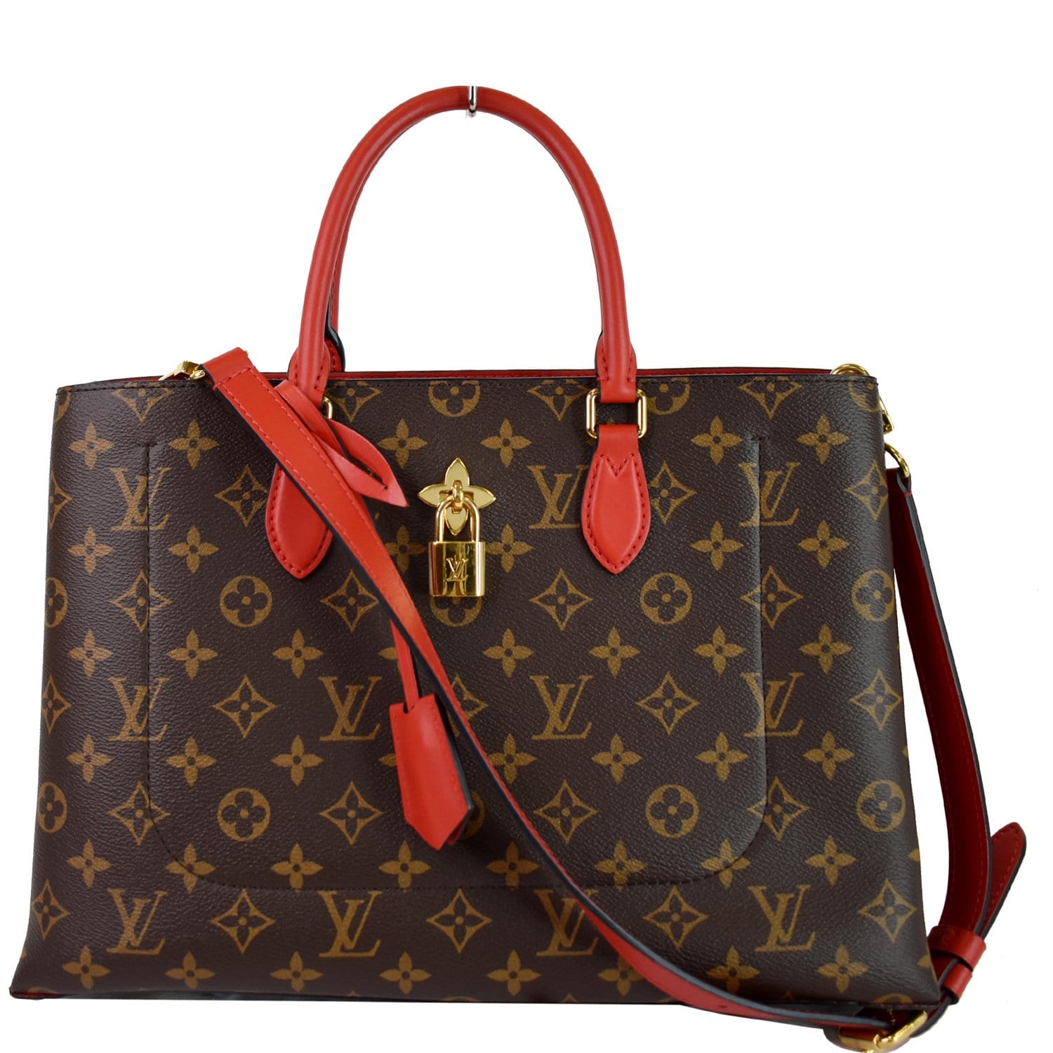 LOUIS VUITTON Flower Monogram Canvas Tote Bag Brown/Red