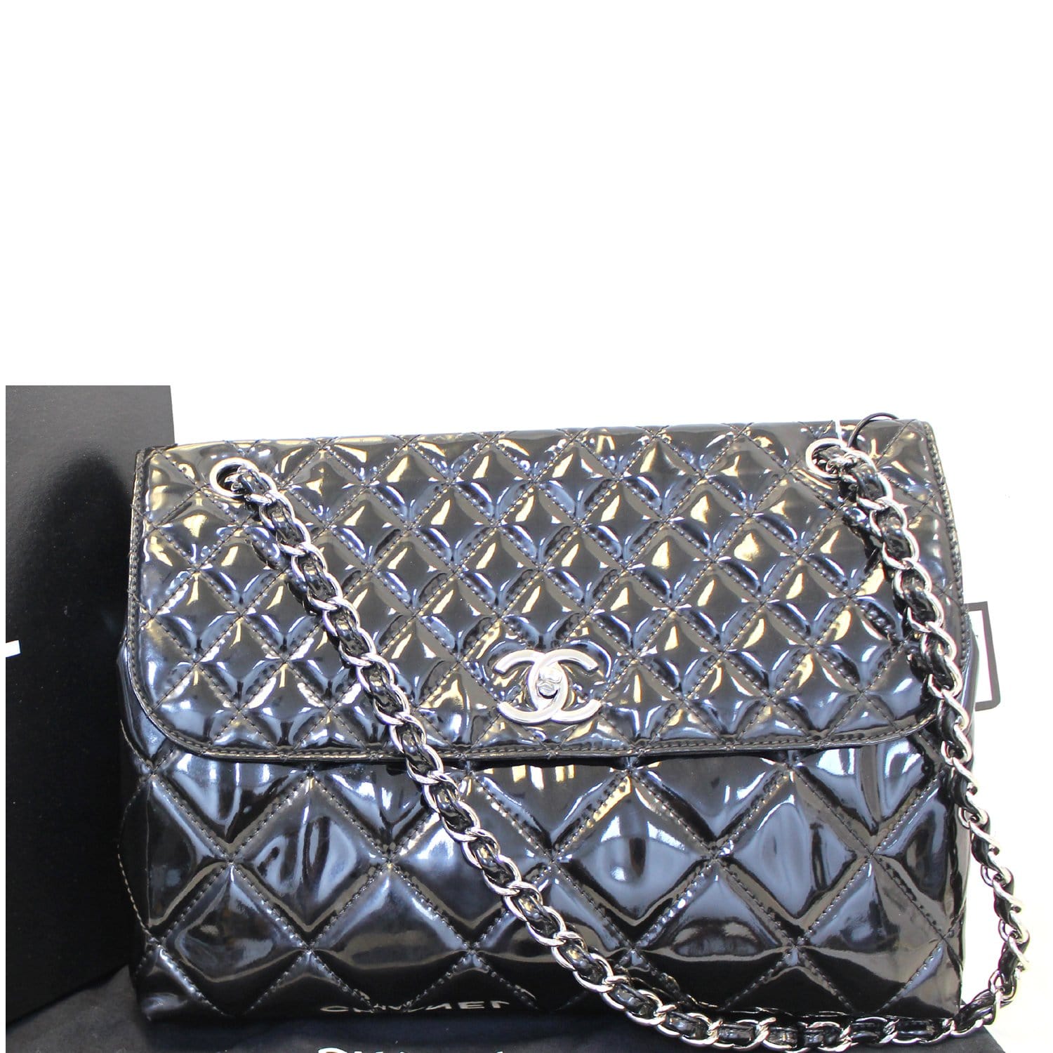 Auth. CHANEL Quilted Flapbag SAC RABAT Medium Handbag Noir Pebbled Leather