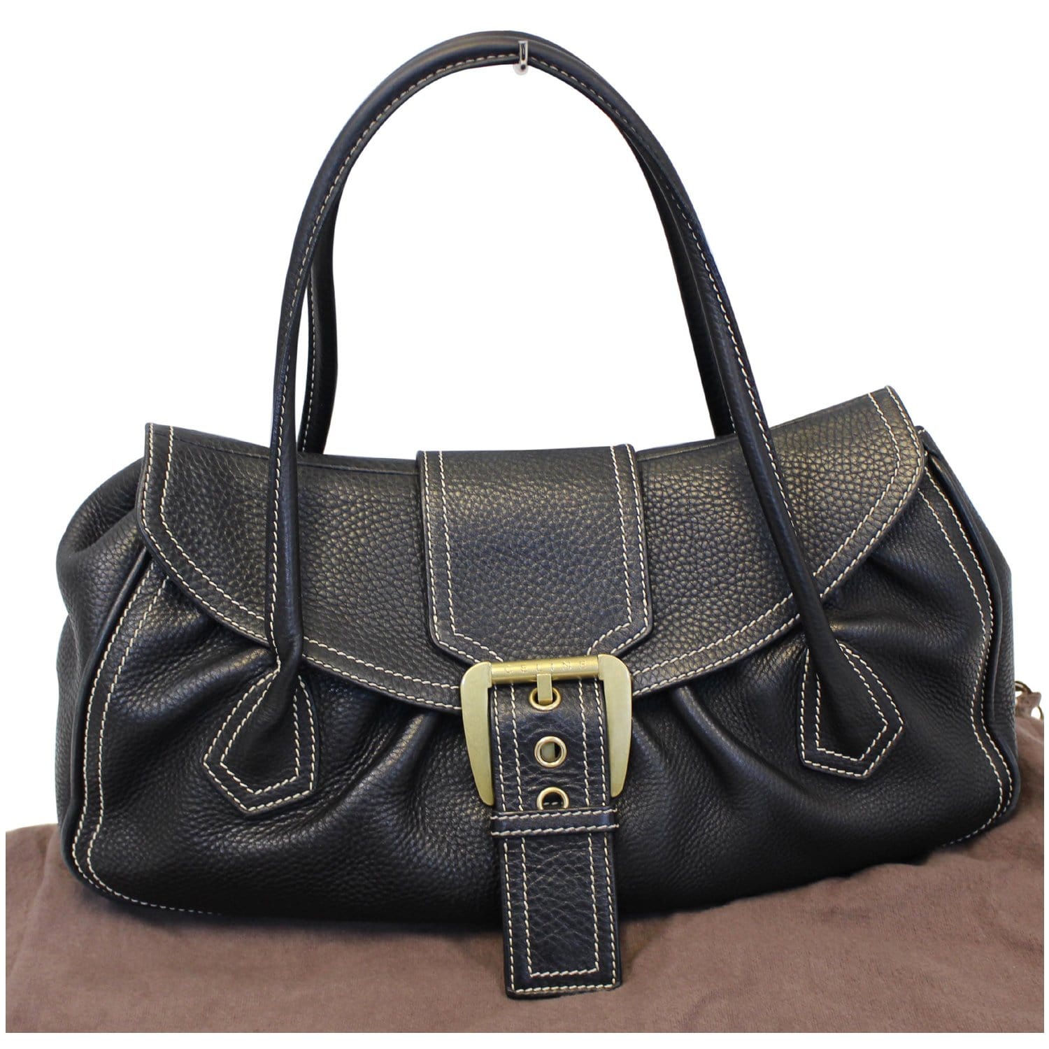 Celine Bag - Celine Buckle Leather Satchel Bag Black