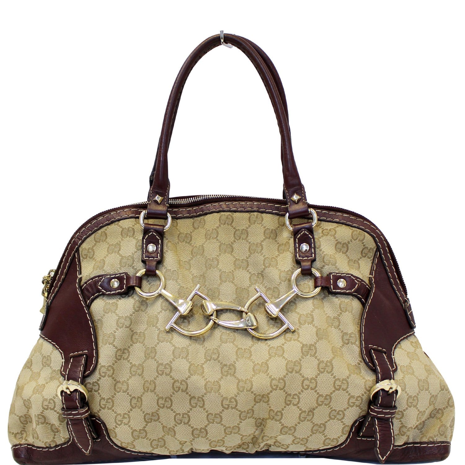 Gucci Boston Handbag in Beige Monogram Canvas and Dark Brown Patent