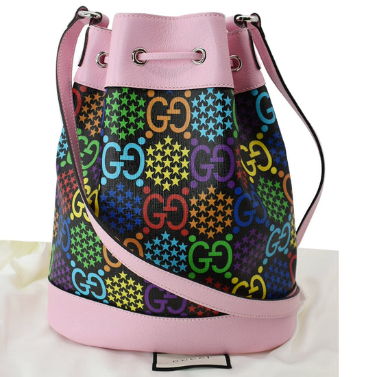 Authenticated Used GUCCI Gucci GG psychedelic bucket bag shoulder 598149  PVC leather black multicolor pink drawstring 