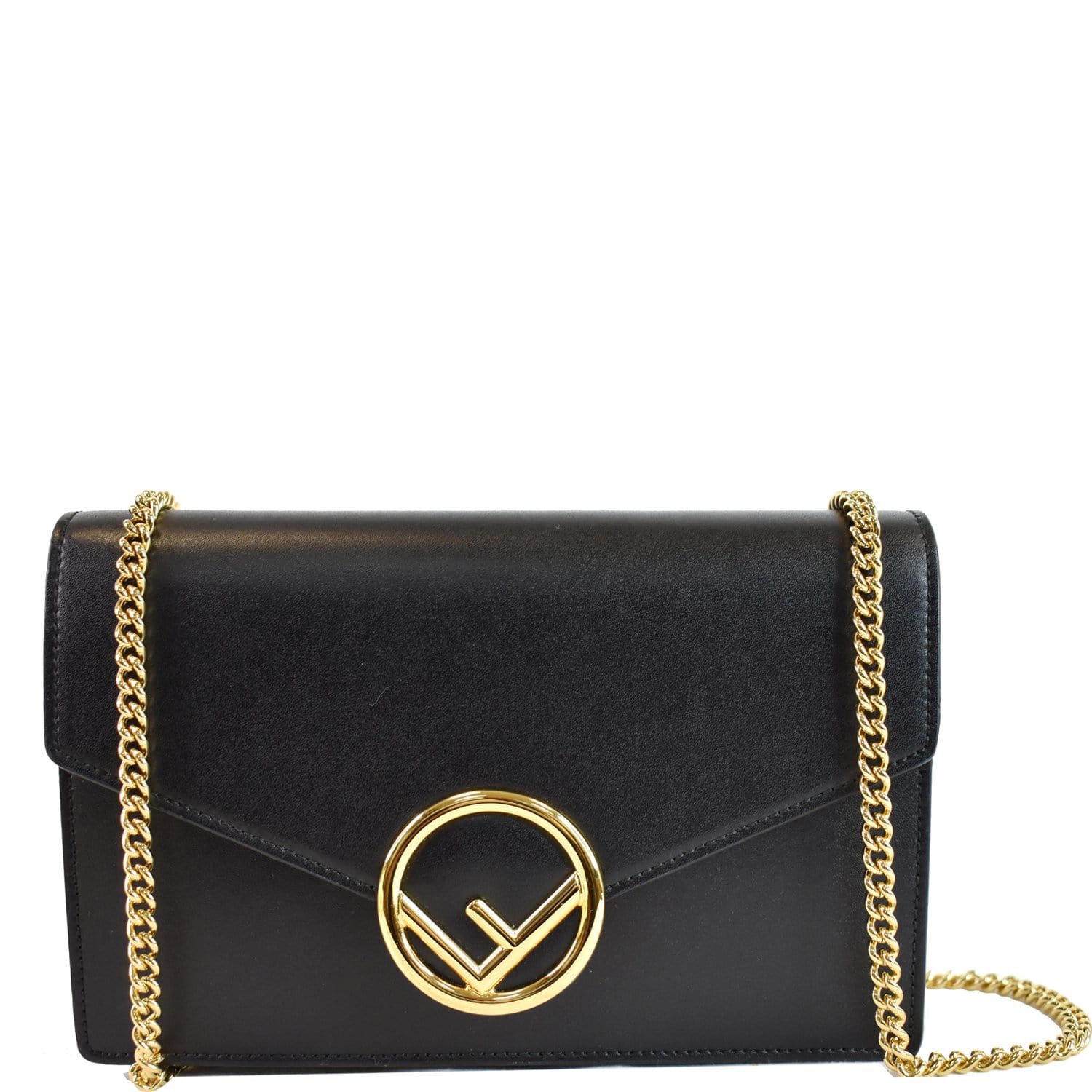 FENDI Vitello F is Envelope Leather Wallet on Chain Crossbody Bag Blac