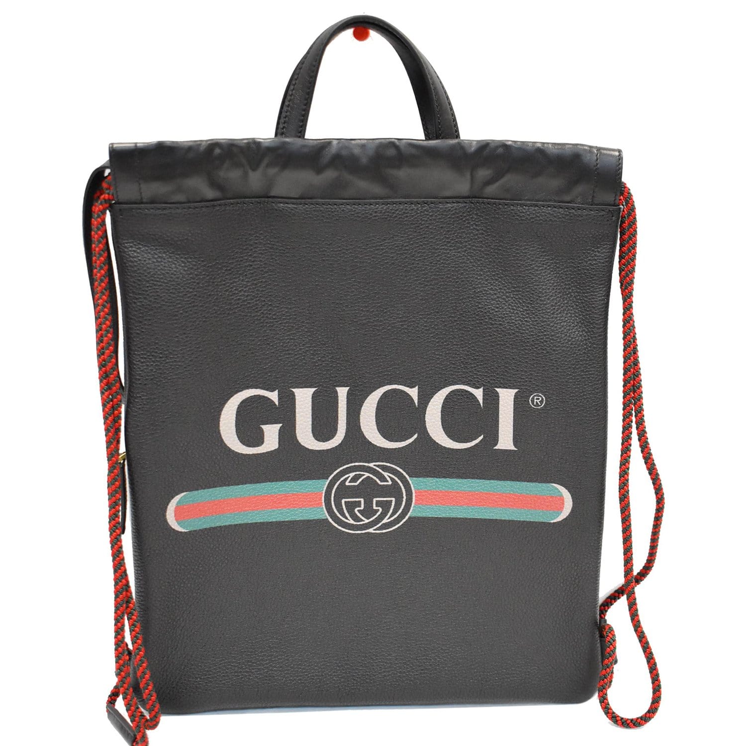 GUCCI Logo Print Calfskin Leather Drawstring Backpack Bag