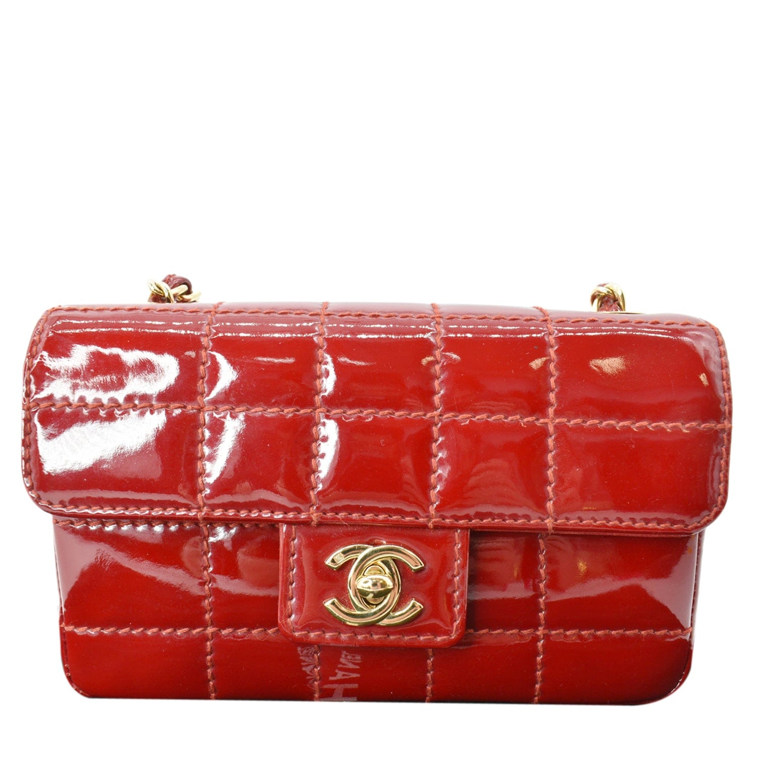 CHANEL Chocolate Bar Small Patent Leather Flap Shoulder Bag Red