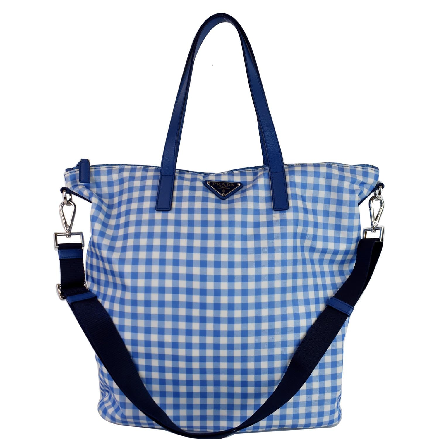 Prada Blue Plaid Nylon Tote Bag