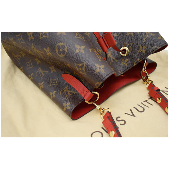 Louis Vuitton LV NeoNoe Handbag MM Brown Monogram Canvas.  Red/Poppy/Coquelicot