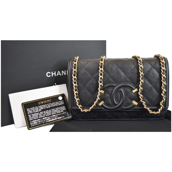 Black Quilted Caviar CC Filigree WOC Wallet On Chain Gold Hardware, 2020