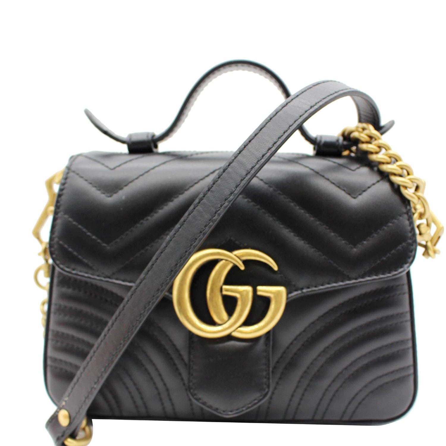 Black Chevron Leather GG Marmont Mini Top Handle Bag