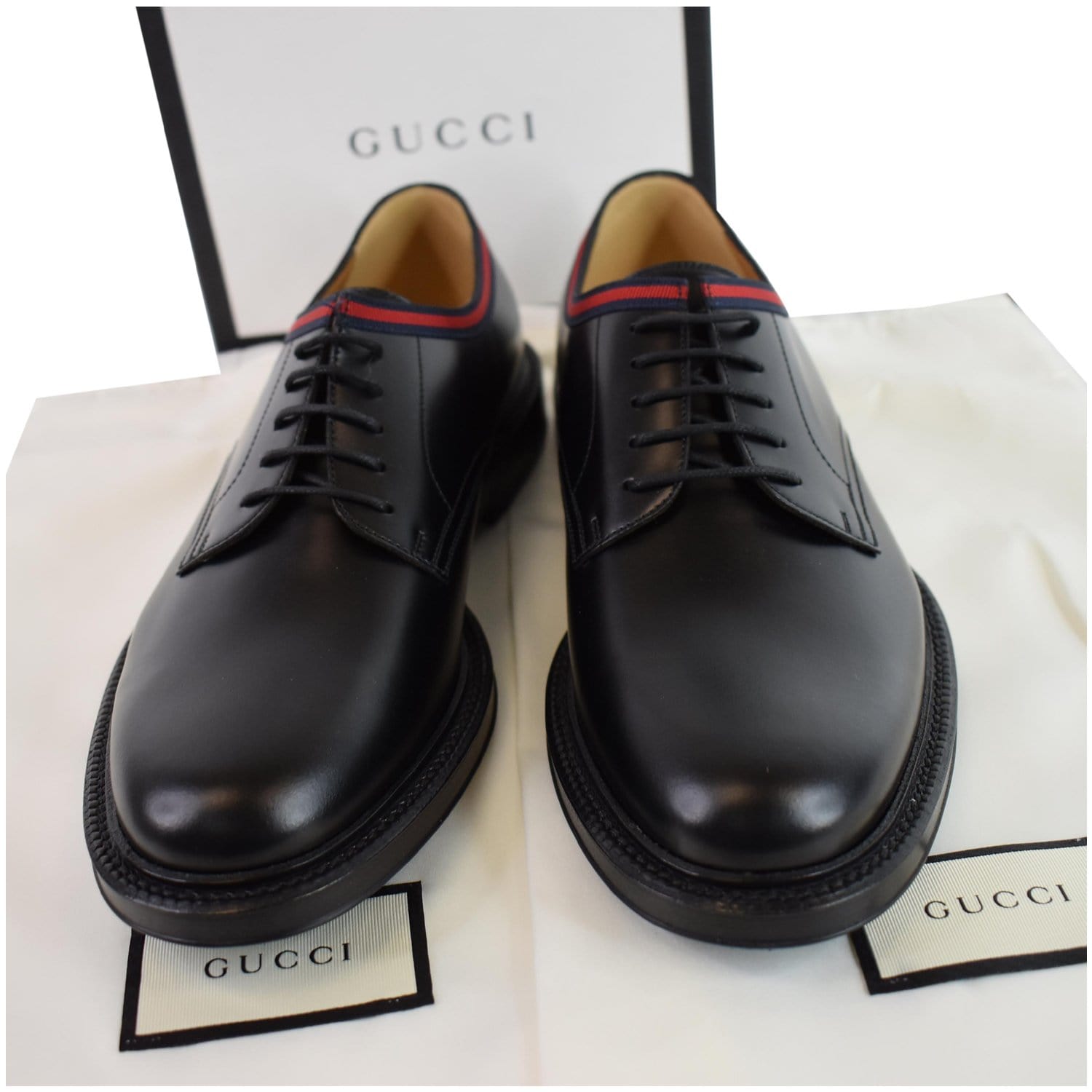 Gucci Classic Web Lace Up Shiny Leather Shoes Black US7