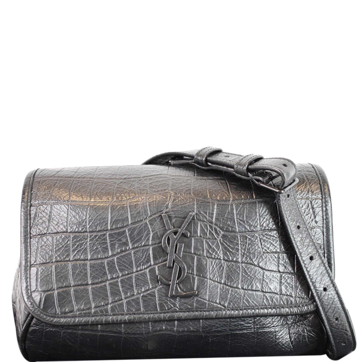 YVES SAINT LAURENT Niki Croc Embossed Leather Shoulder Bag Black