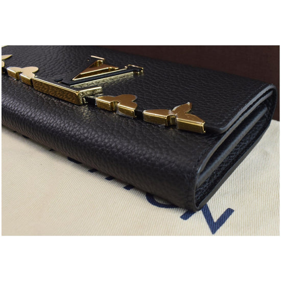 Authenticated used Louis Vuitton Louis Vuitton Portefeuille Capucines Long Wallet M64551 Taurillon Leather Noir Bifold Monogram Flower Corolla, Adult