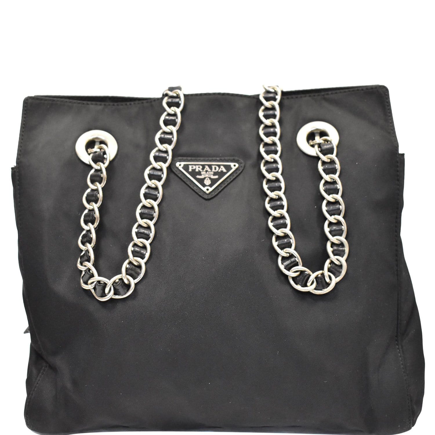 Prada Tessuto Leather Flap Wallet on Chain Black