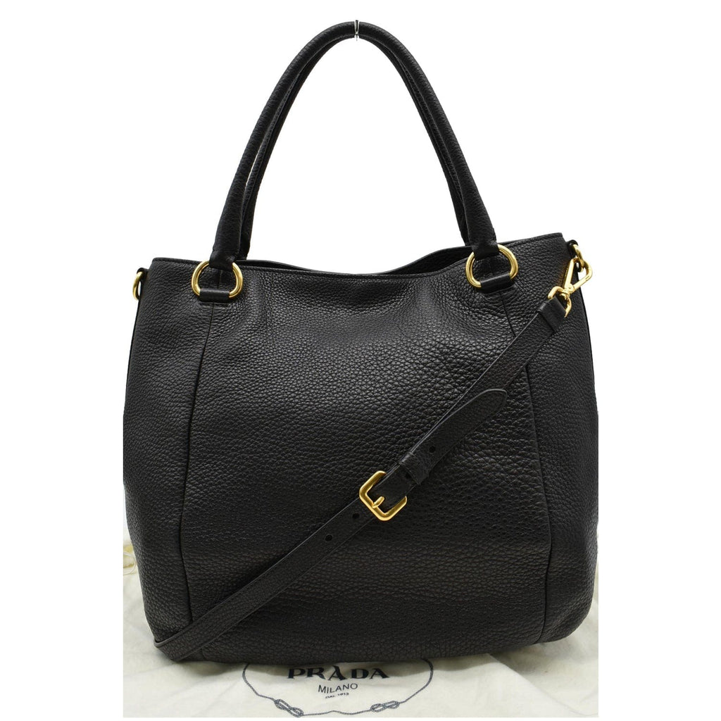 PRADA Sughero Vitello Daino Leather Tote Shoulder Bag Black