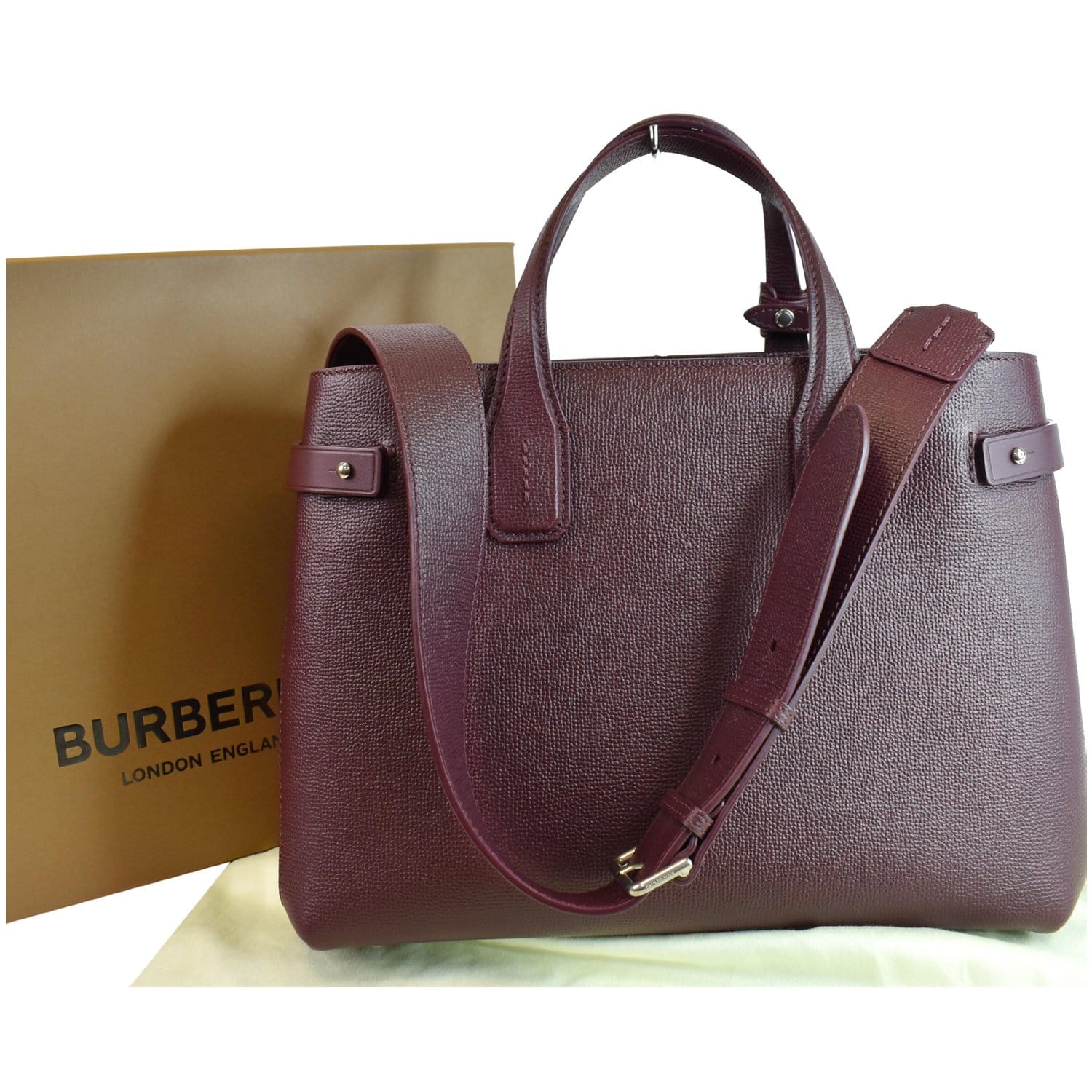 BURBERRY Medium Banner Derby Leather Tote Shoulder Bag Red