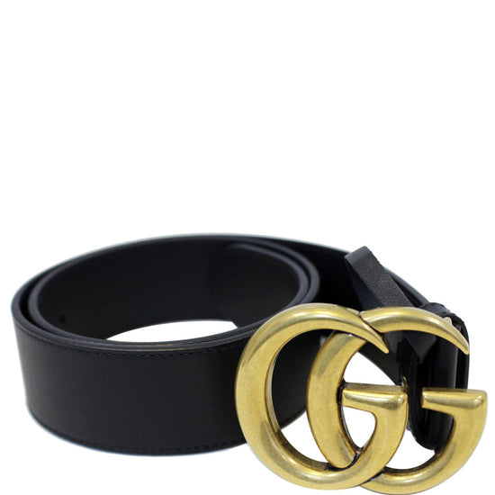 GUCCI Pearl Double G Black Leather Belt Size 100.40 Black