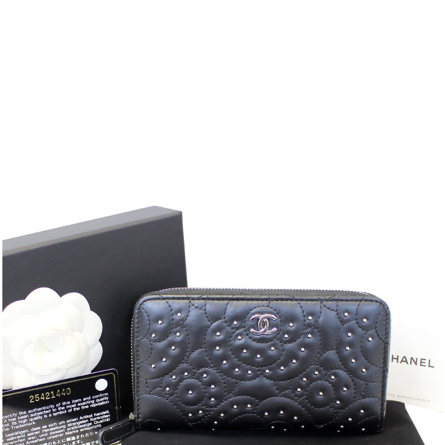 Chanel Long Wallet Round Zipper Camellia Caviar Skin Leather Black Flower  A82281