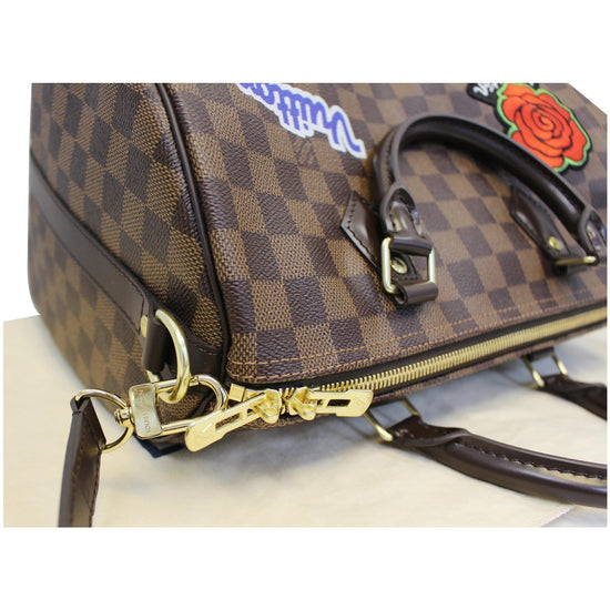 LOUIS VUITTON, PATCHES SPEEDY 30 BANDOULIERE OF DAMIER EBENE CANVAS WITH  POLISHED BRASS HARDWARE, Handbags & Accessories, 2020