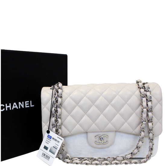 CHANEL Classic Jumbo Double Flap Caviar Leather White Shoulder Bag-US
