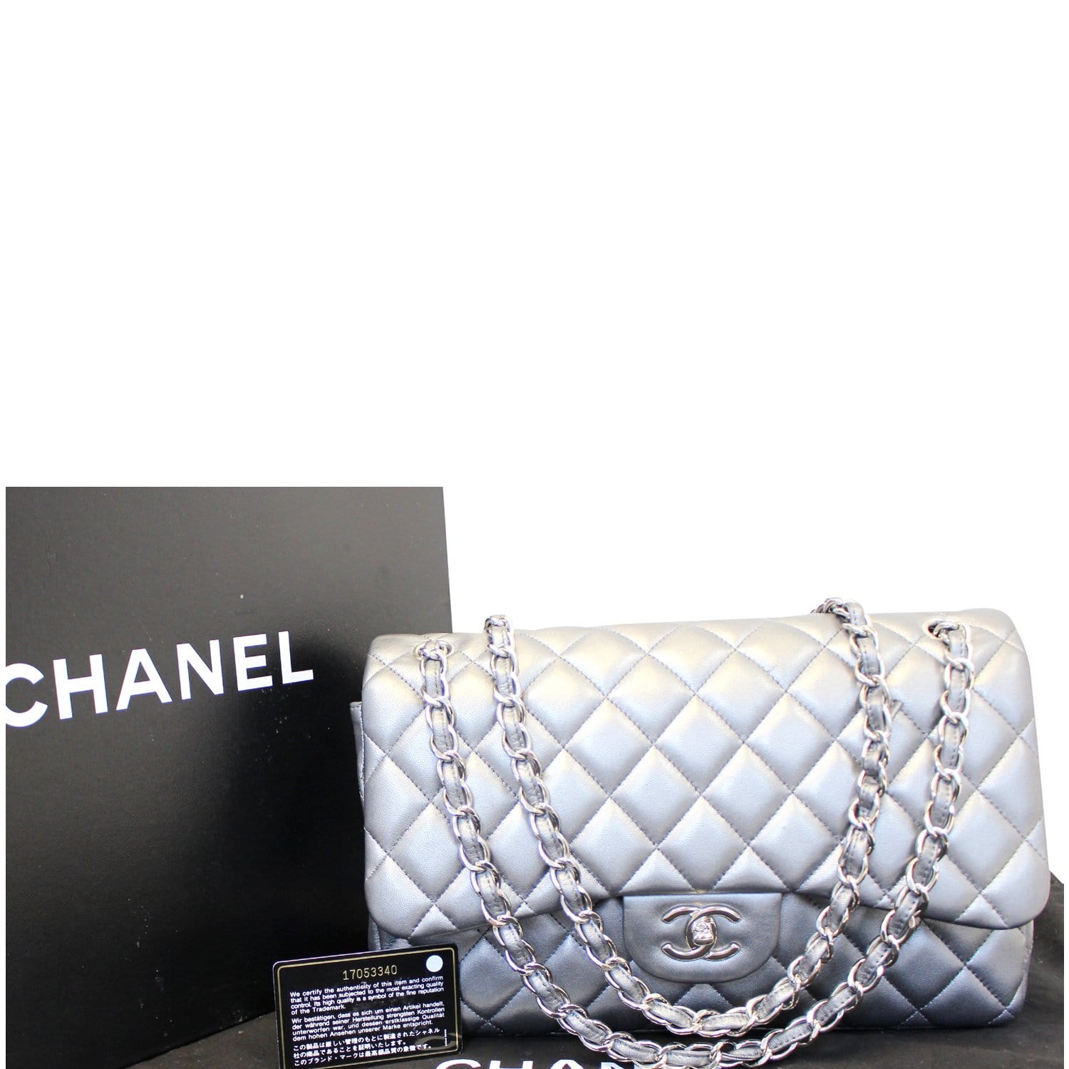 CHANEL Maxi Quilted Leather Double Flap Silver Shoulder Bag-US