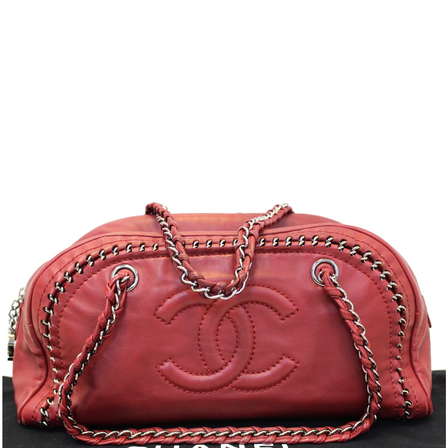 Chanel Red Lambskin Small Luxe Ligne CC Logo Bowler Bag For Sale at 1stDibs