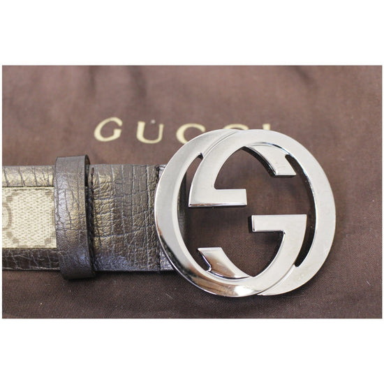 Auth GUCCI Brown Monogram Canvas Leather Silver Interlocking G Buckle Belt  85/34