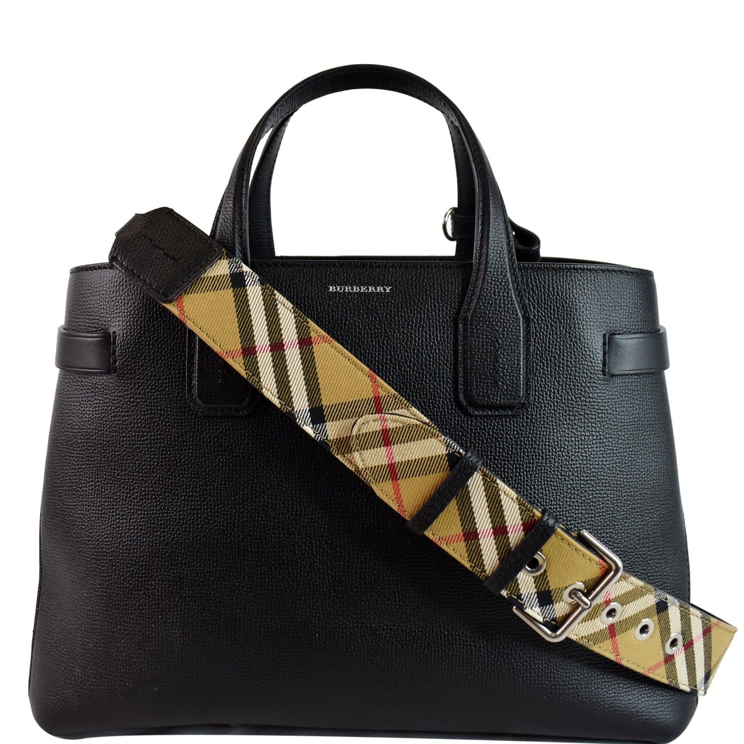 Burberry House Check Banner Small Tote Bag Black in Leather - US