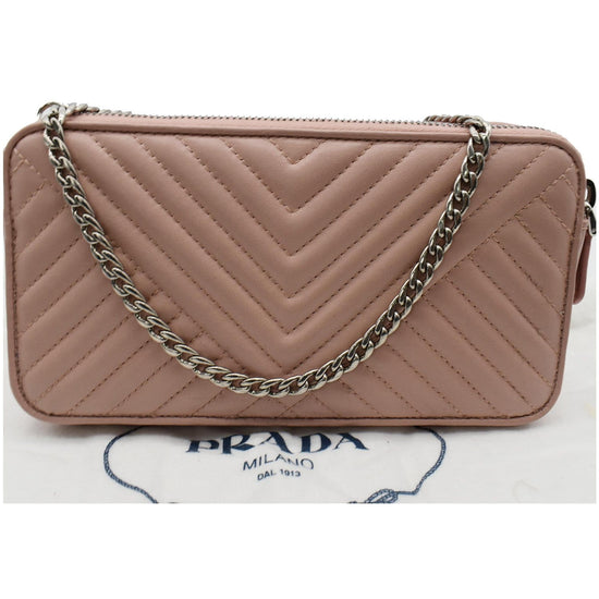 PRADA Nappa Mini Impunture Bandoliera Chain Leather Crossbody Bag Orch